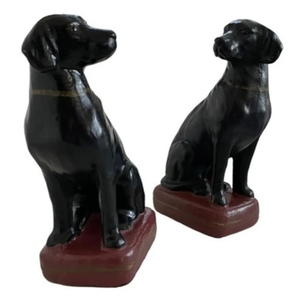 Vintage Black Labrador Retriever Ceramic Bookends 8" Pair Gold Purple Dog Figure - Picture 3 of 5